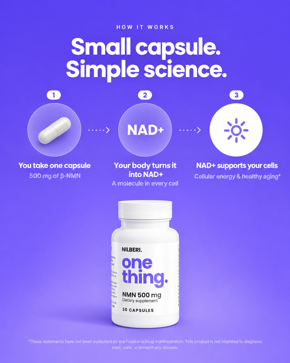 How NILBERI works in three steps: one 500 mg beta-NMN capsule, your body turns it into NAD+, a molecule in every cell