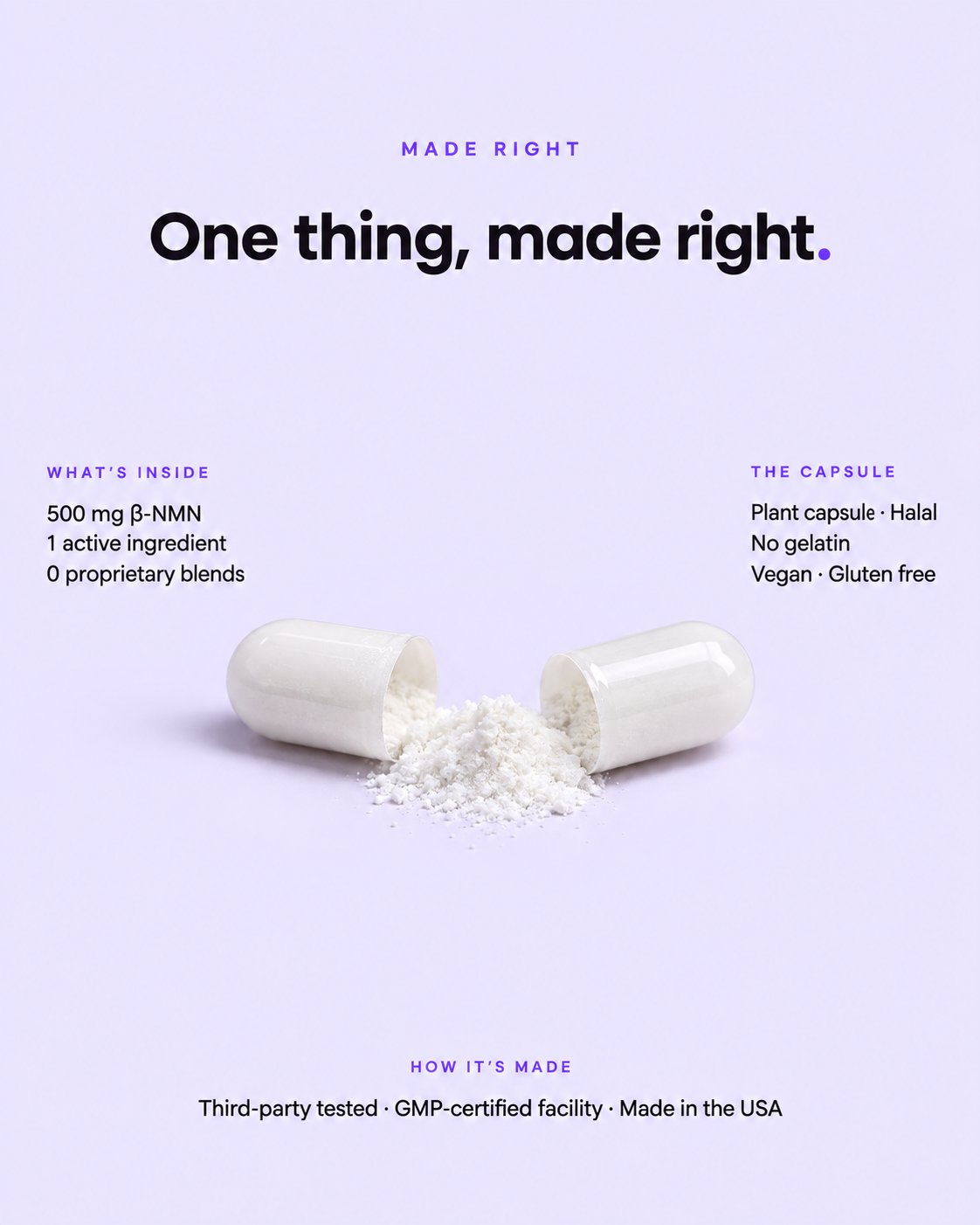 Open NILBERI capsule: 500 mg beta-NMN, 1 active ingredient, 0 proprietary blends, plant capsule, Halal, no gelatin, third-party tested
