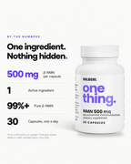NILBERI by the numbers: 500 mg beta-NMN per capsule, 1 active ingredient, 99%+ pure, 30 capsules